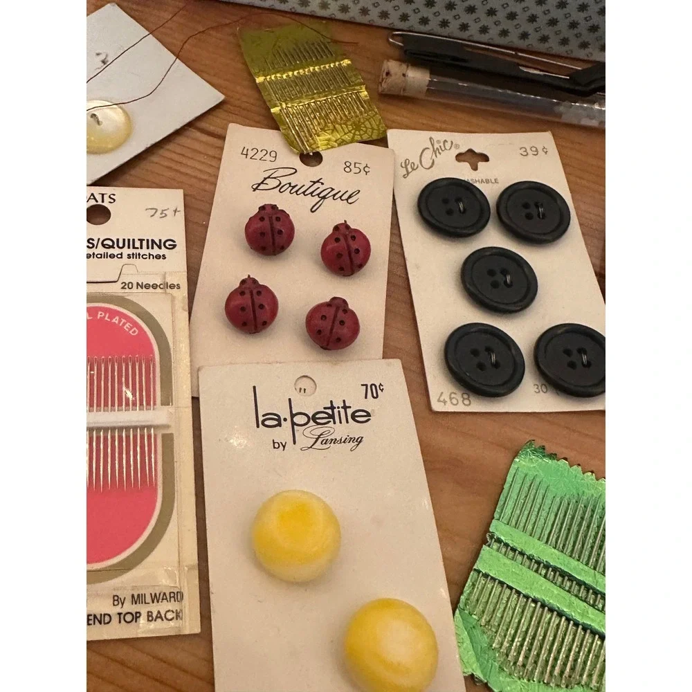 Vintage Sewing Notions Lot Buttons Needles Thimbles Mixed Multi Ornate Crest MCM